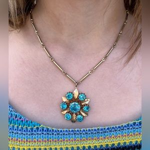 Antique Blue Rhinestone Gold Tone Necklace